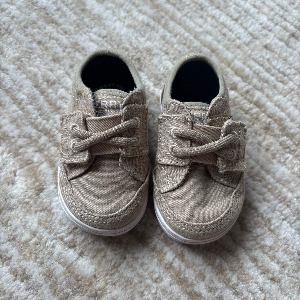Sperry Baby Tan Canvas Shoes with velcro straps. Size 2M good condition.